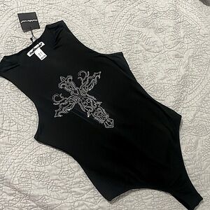 NEW- Crystal embellished cross snap-on thong leotard shape wear bodysuit size S